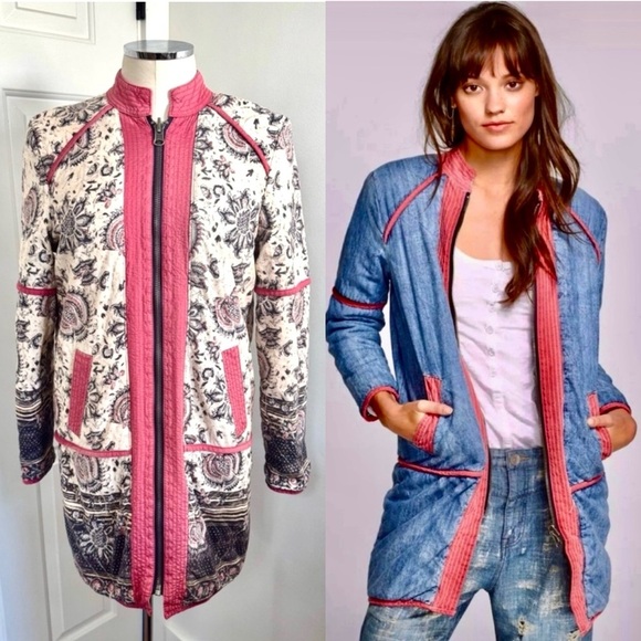 Free People Floral and Denim Utility Jacket with Red Trim - Picture 2 of 10